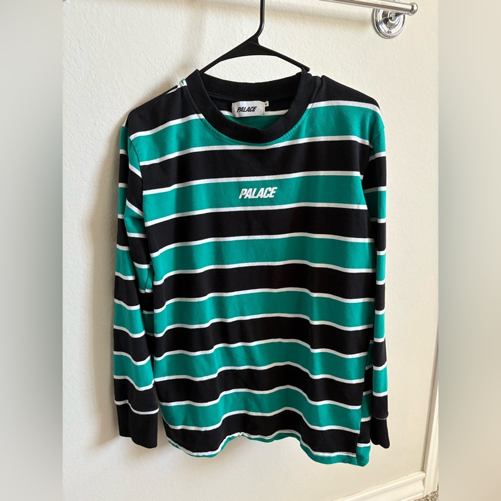 PALACE Skateboards Disc Teal Black Striped Rayon Mens Sz M Long Sleeve Shirt